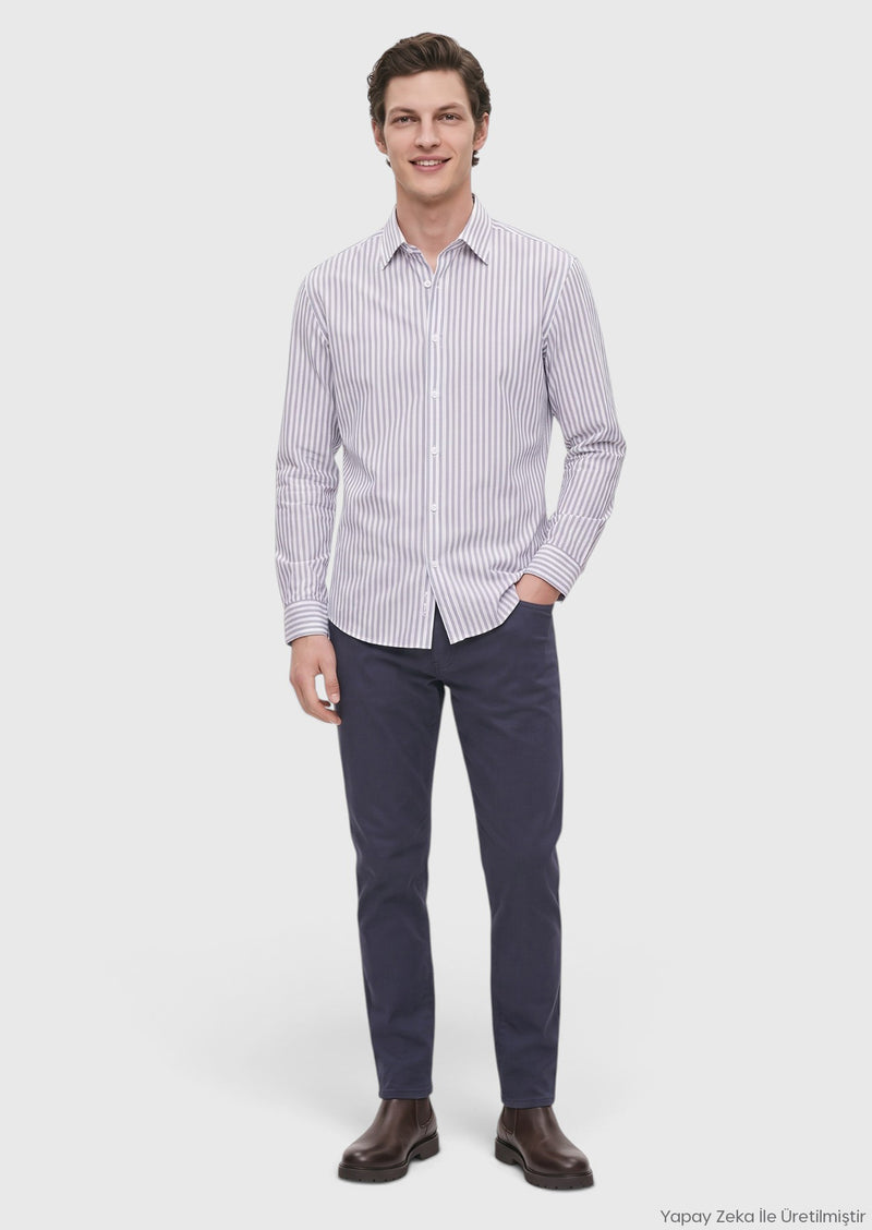İndigo Düz Casual Fit Uzun Dokuma Casual %100 Pamuk Gömlek