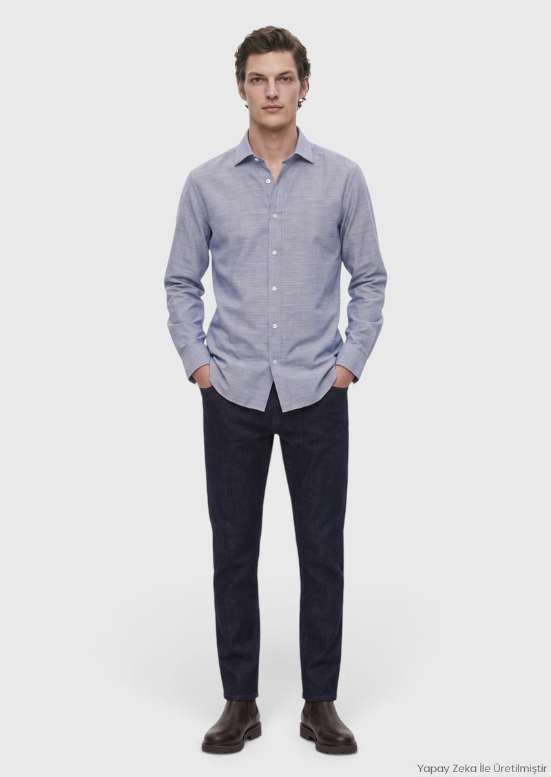 Mavi Düz Casual Fit Uzun Kumaş Casual %100 Pamuk Gömlek