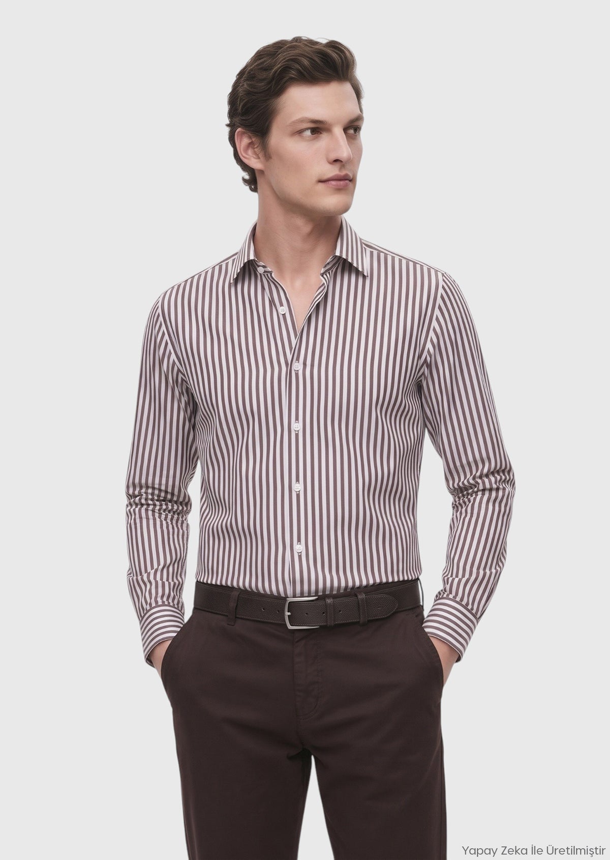 Brown Casual Fit Long Weaving Casual Cotton Blended Shirt