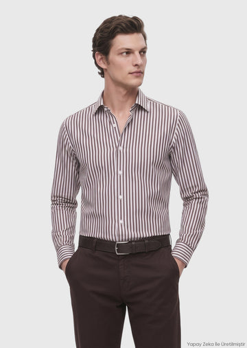 Brown Casual Fit Long Weaving Casual Cotton Blended Shirt