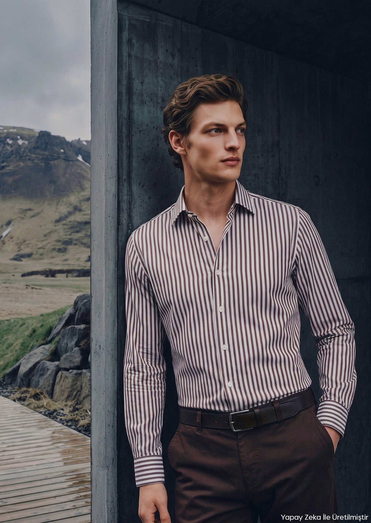 Kahverengi Casual Fit Uzun Dokuma Casual İpek Karışımlı Gömlek