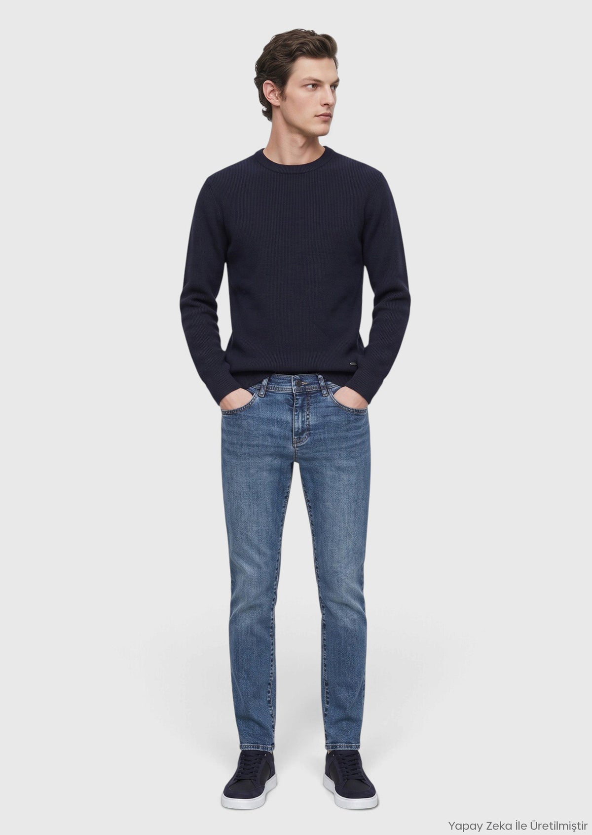 Koyu Mavi Slim Fit Denim Pamuk Karışımlı Pantolon