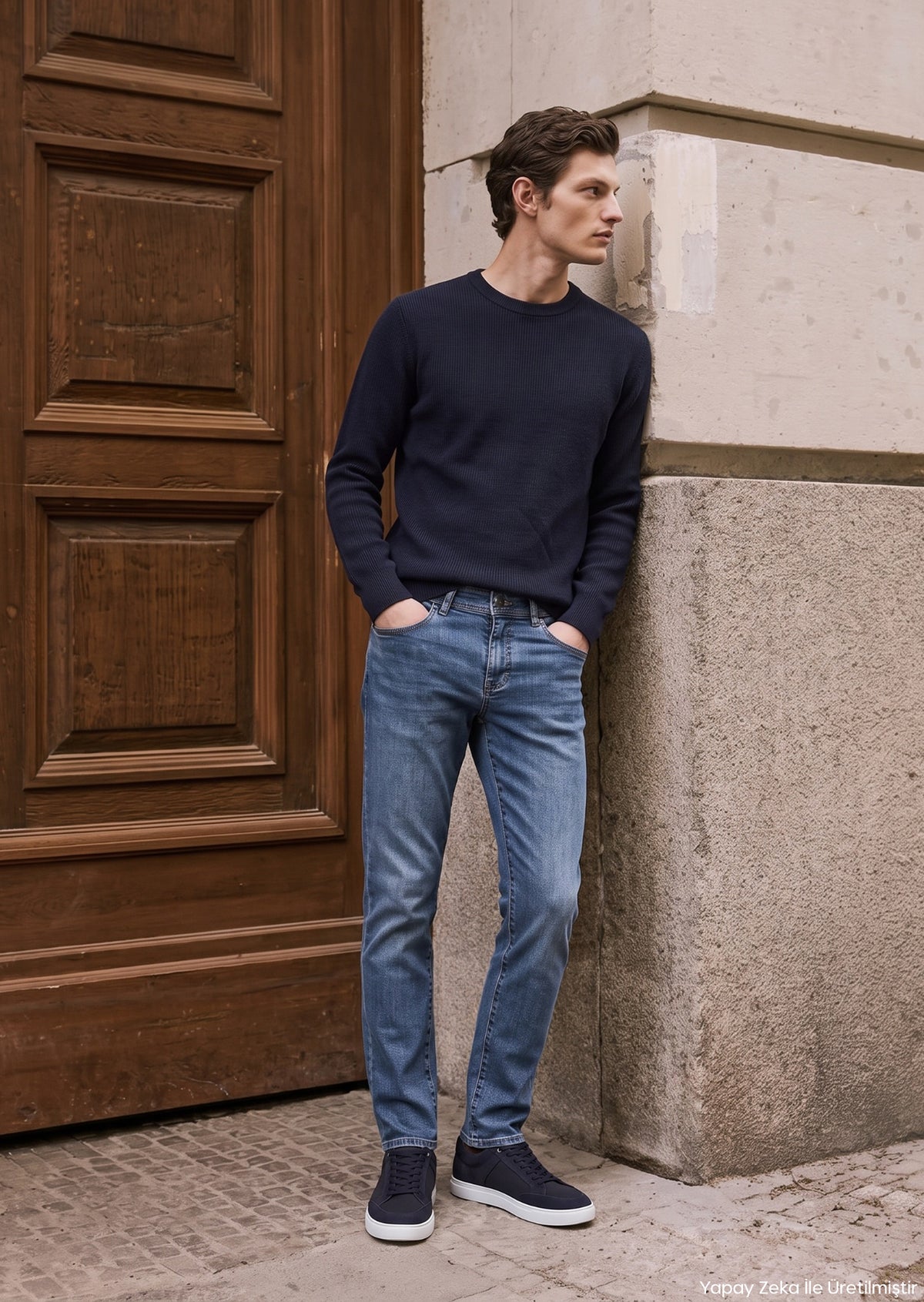 Koyu Mavi Slim Fit Denim Pamuk Karışımlı Pantolon