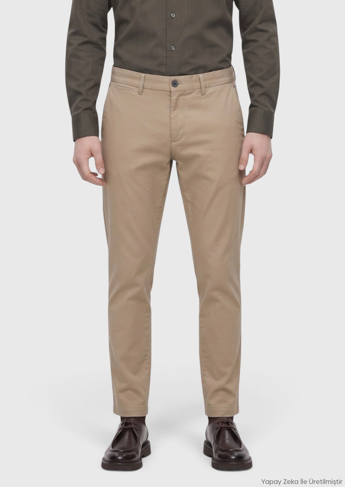 Haki Düz Dokuma Regular Fit Casual Yün Karışımlı Pantolon
