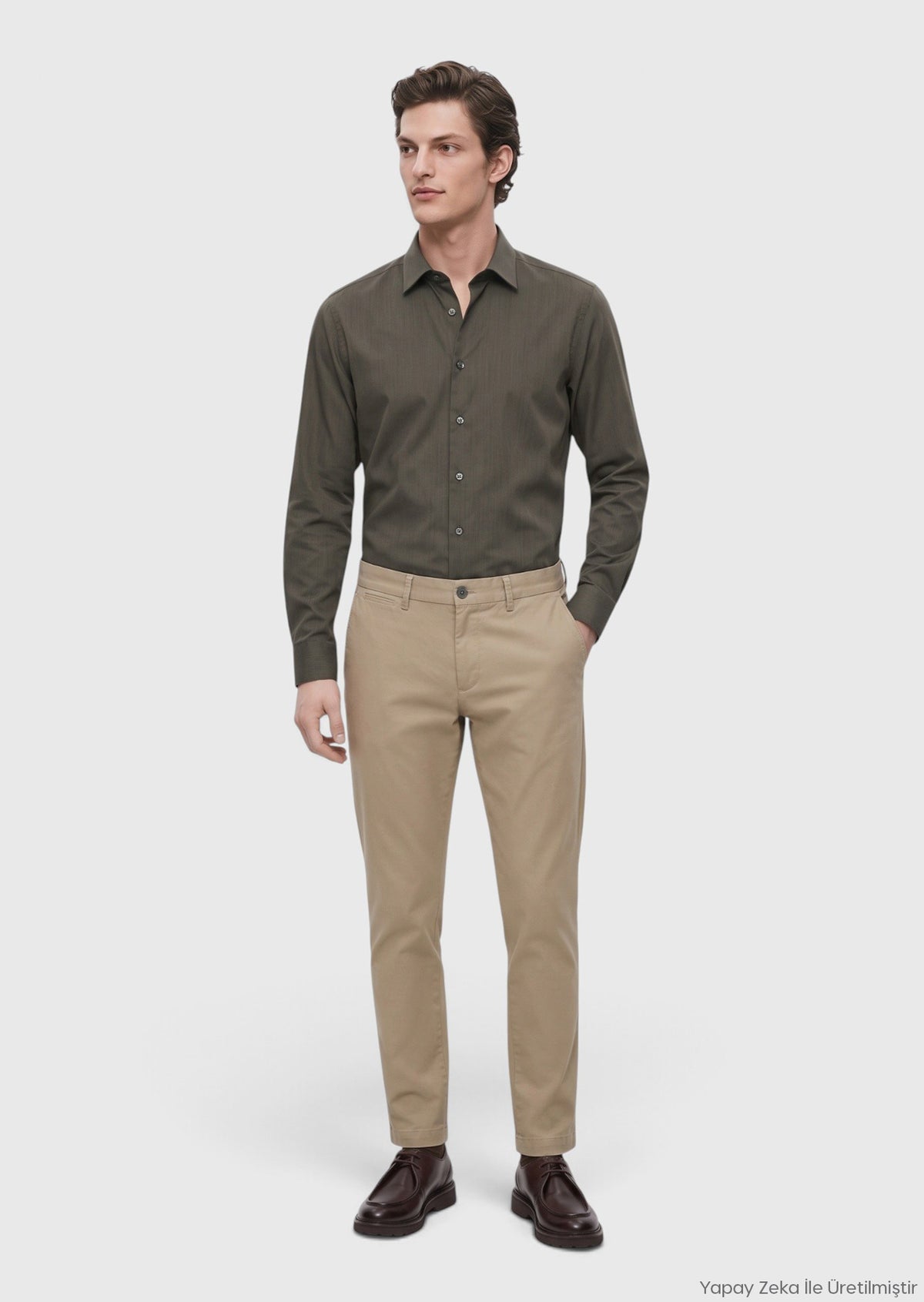 Haki Düz Dokuma Regular Fit Casual Yün Karışımlı Pantolon