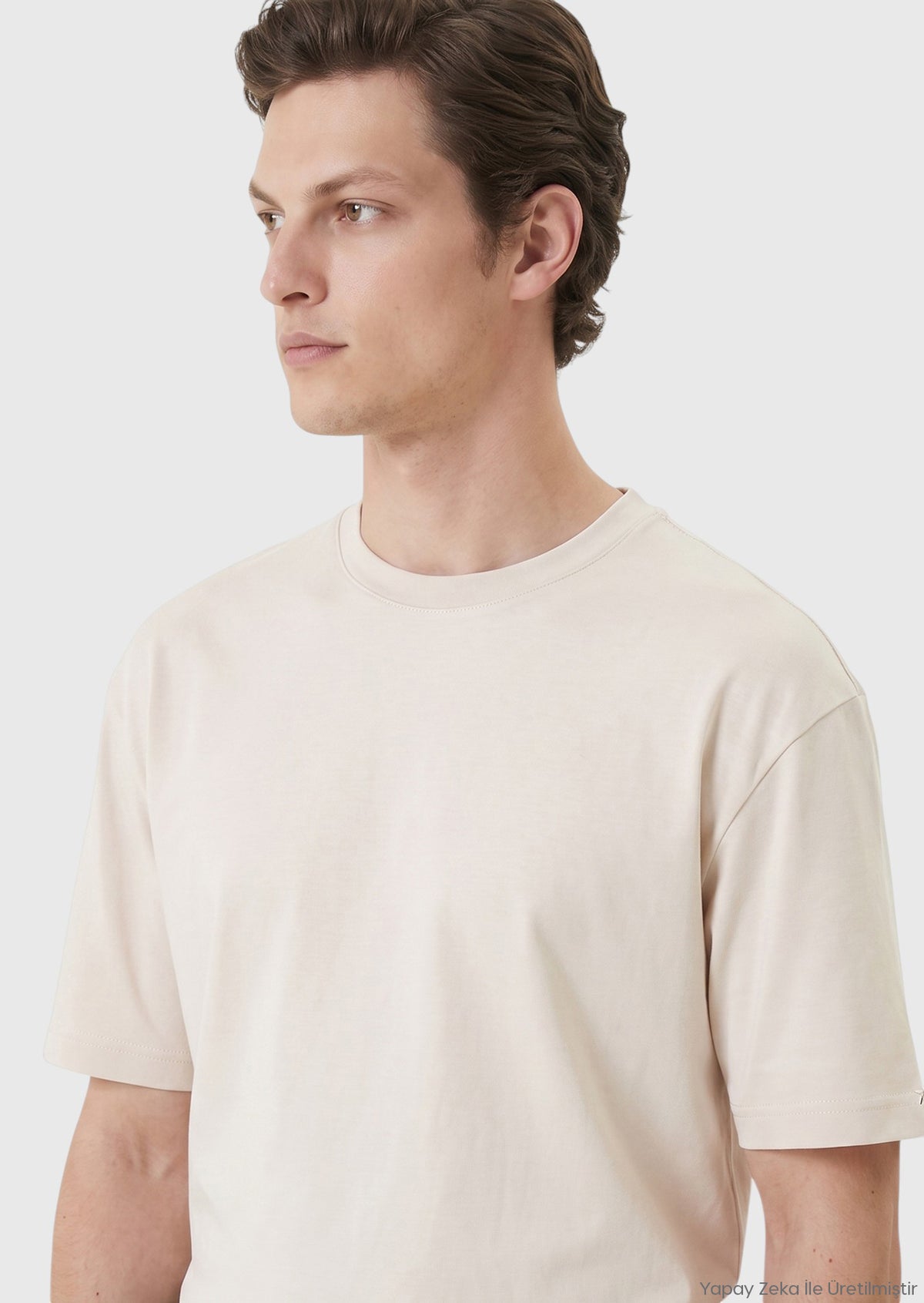 Ekru Düz %100 Pamuk T-Shirt