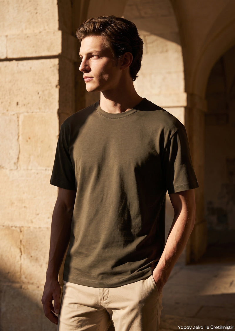 Haki Düz %100 Pamuk T-Shirt