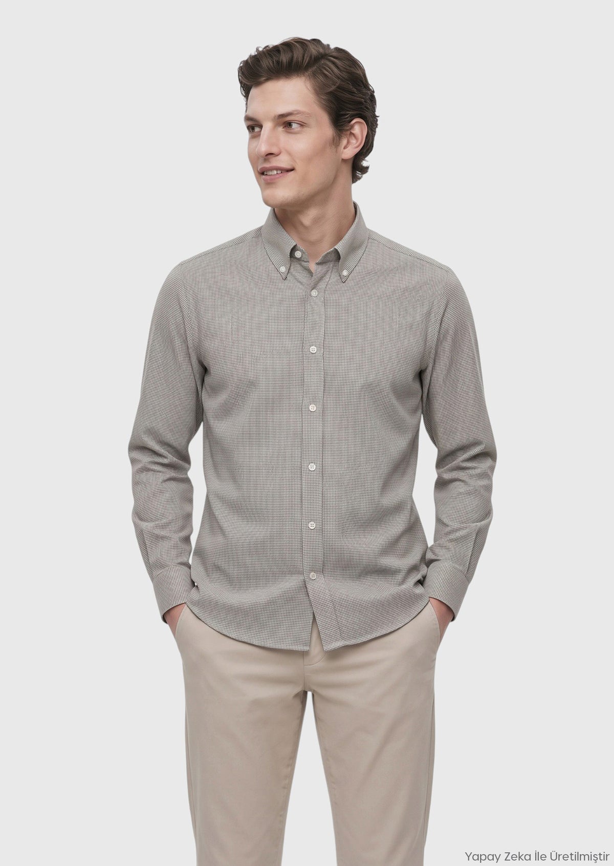 Haki Mikro Casual Fit Uzun Dokuma Casual %100 Pamuk Gömlek