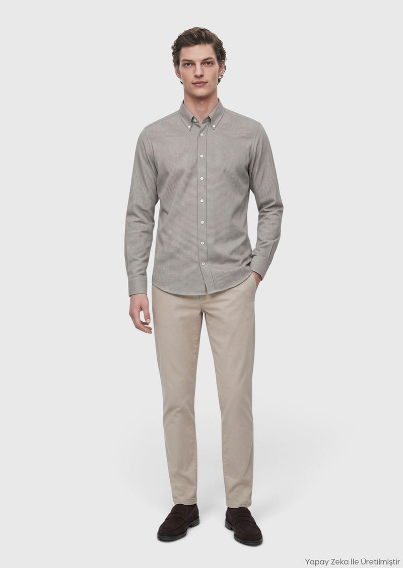 Haki Mikro Casual Fit Uzun Dokuma Casual %100 Pamuk Gömlek