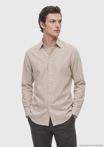Bej Mikro Casual Fit Uzun Dokuma Casual %100 Pamuk Gömlek