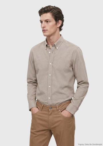 Bej Casual Fit Uzun Dokuma Casual %100 Pamuk Gömlek