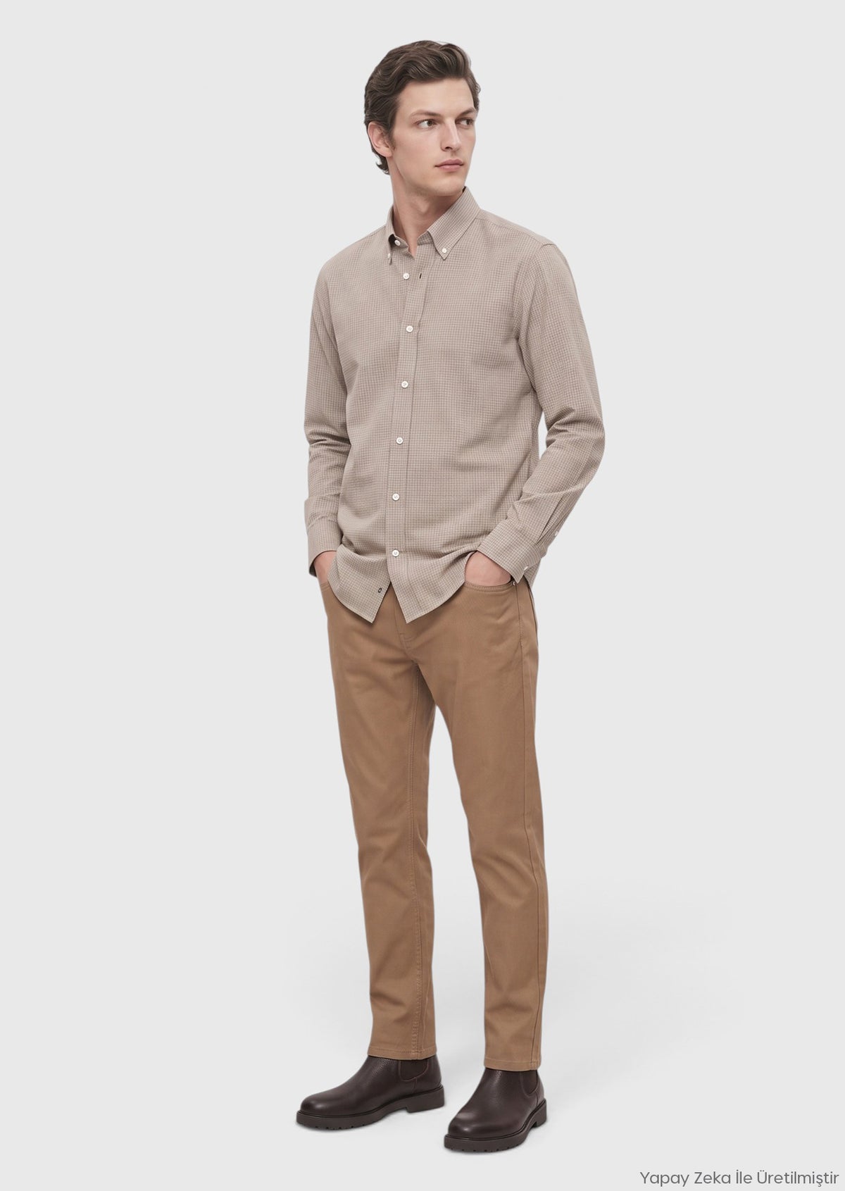 Bej Mikro Casual Fit Uzun Dokuma Casual %100 Pamuk Gömlek