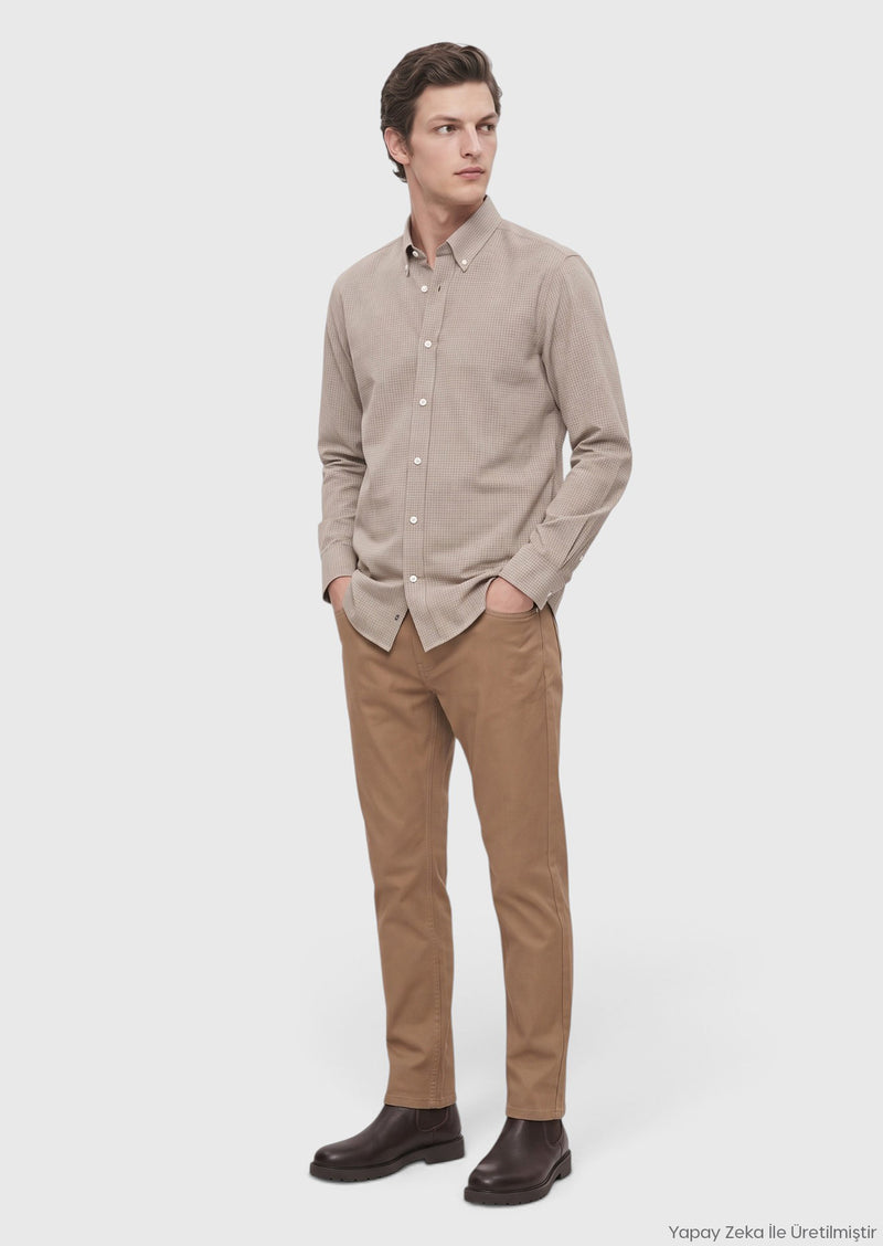 Bej Mikro Casual Fit Uzun Dokuma Casual %100 Pamuk Gömlek
