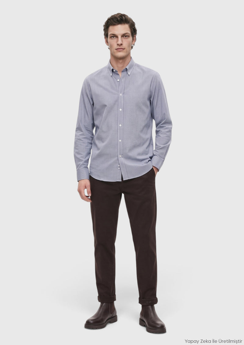 İndigo Mikro Casual Fit Uzun Dokuma Casual %100 Pamuk Gömlek