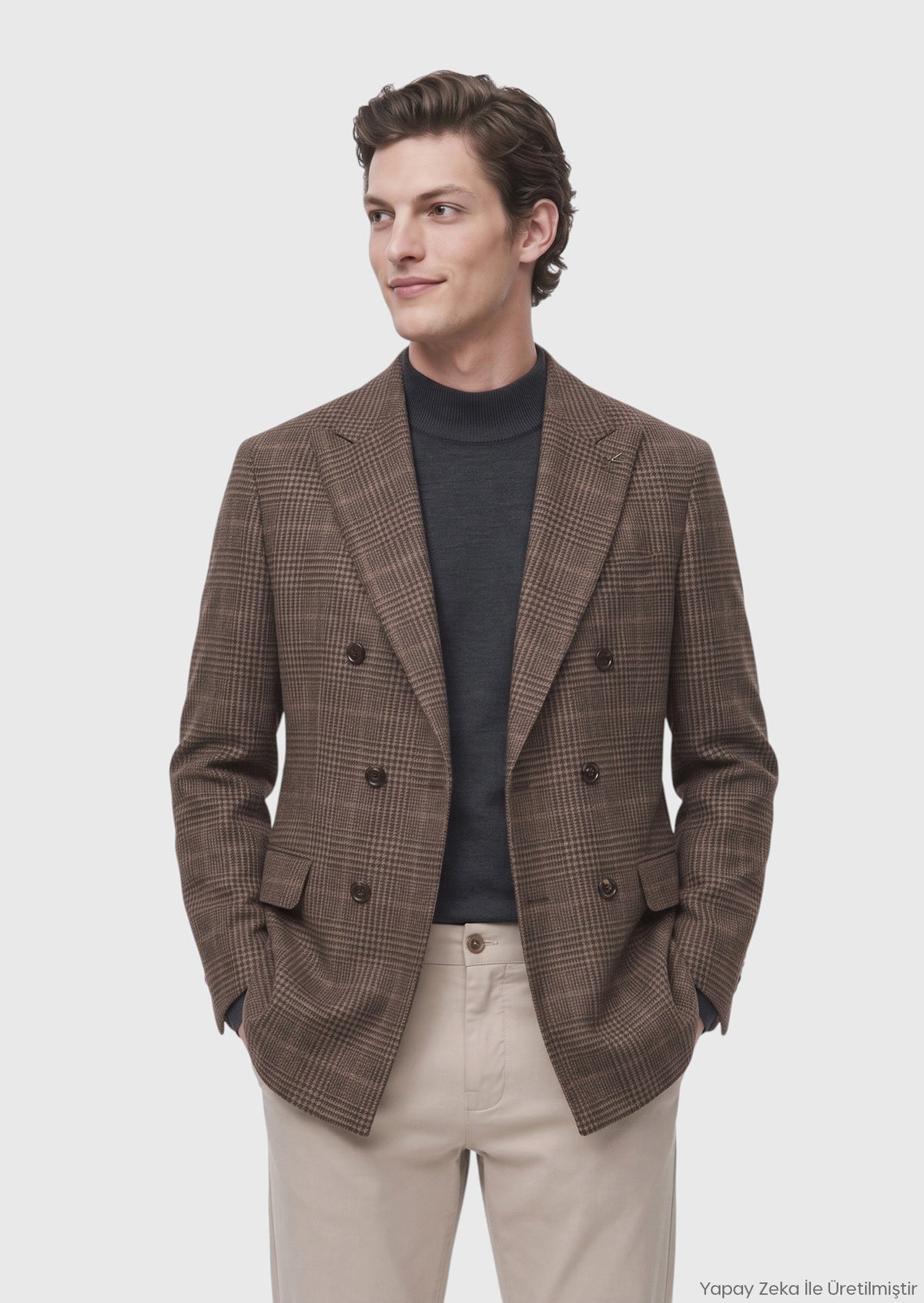 Açık Kahve Kareli Zeroweight Slim Fit İpek Karışımlı Ceket