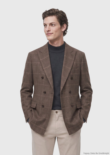 Açık Kahve Kareli Zeroweight Slim Fit İpek Karışımlı Ceket