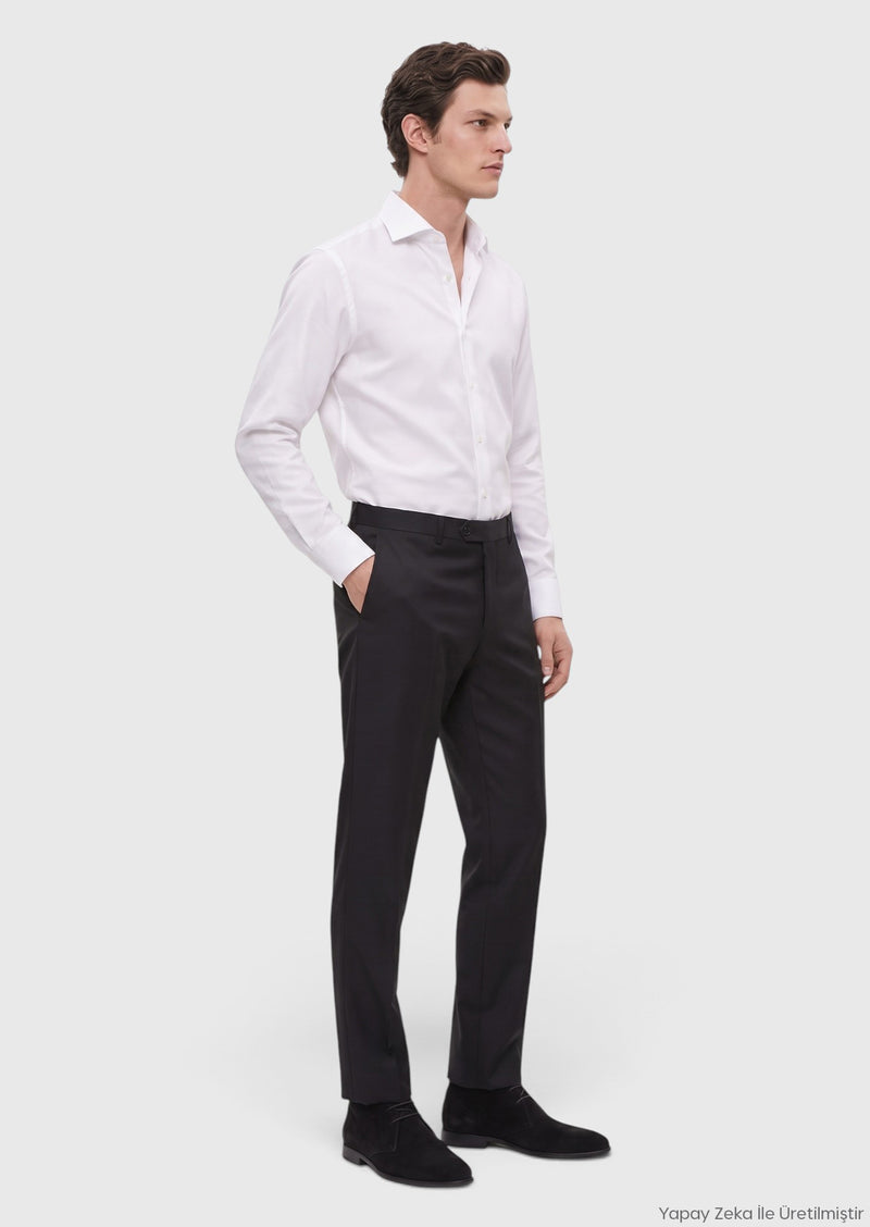 Siyah Düz Dokuma Regular Fit Klasik Yün Karışımlı Pantolon