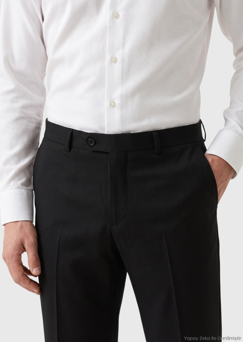 Siyah Düz Dokuma Regular Fit Klasik Yün Karışımlı Pantolon