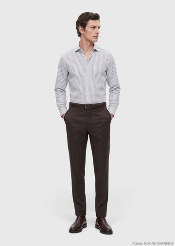 Kahverengi Düz Dokuma Regular Fit Klasik Yün Karışımlı Pantolon