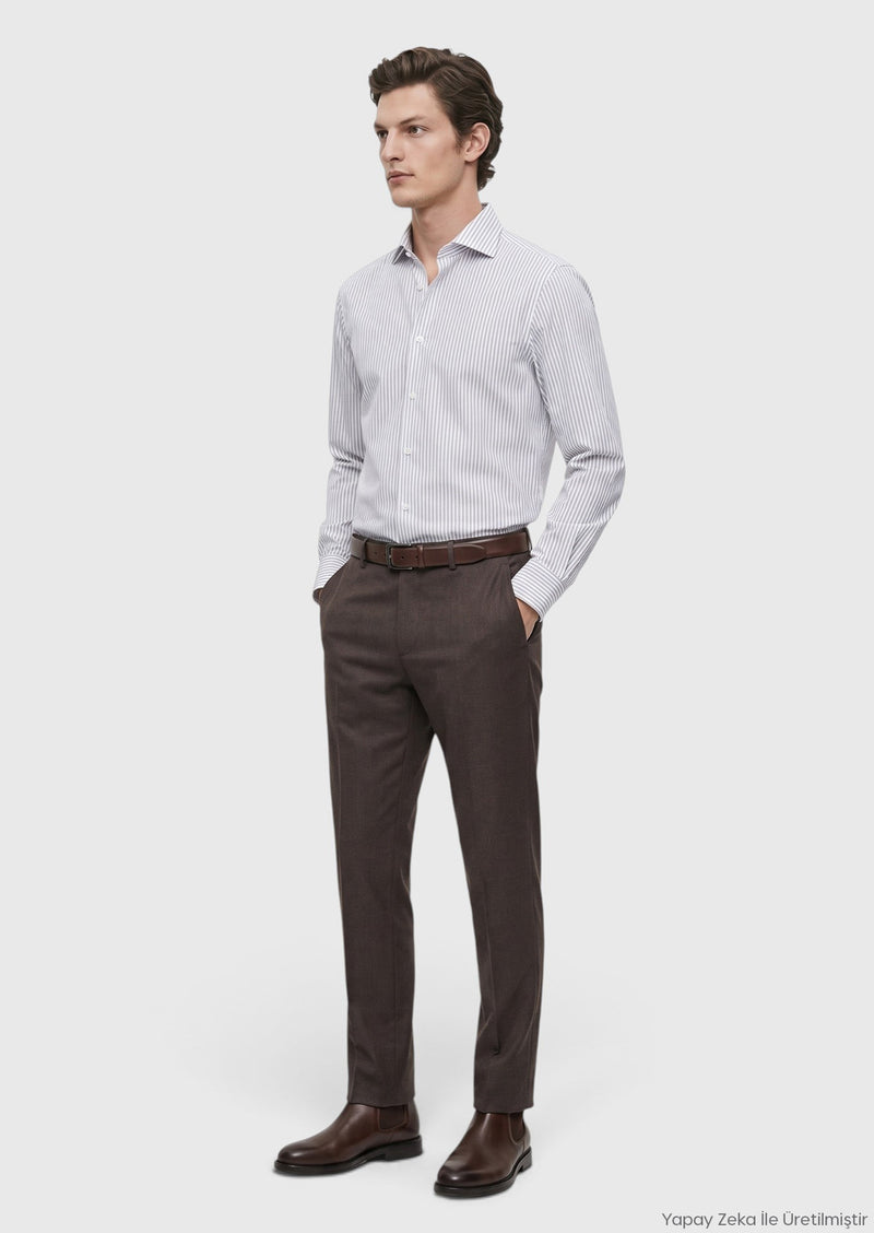 Kahverengi Düz Dokuma Regular Fit Klasik Yün Karışımlı Pantolon