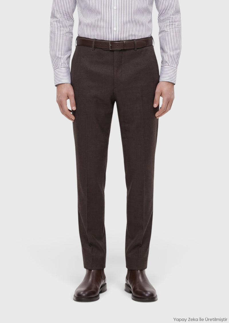 Kahverengi Düz Dokuma Regular Fit Klasik Yün Karışımlı Pantolon