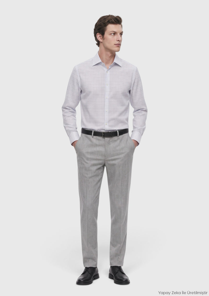 Gri Düz Dokuma Regular Fit Klasik Yün Karışımlı Pantolon