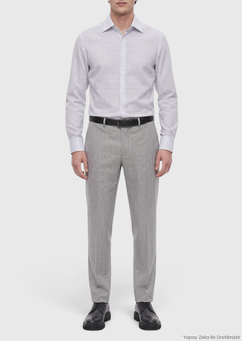 Gri Düz Dokuma Regular Fit Klasik Yün Karışımlı Pantolon