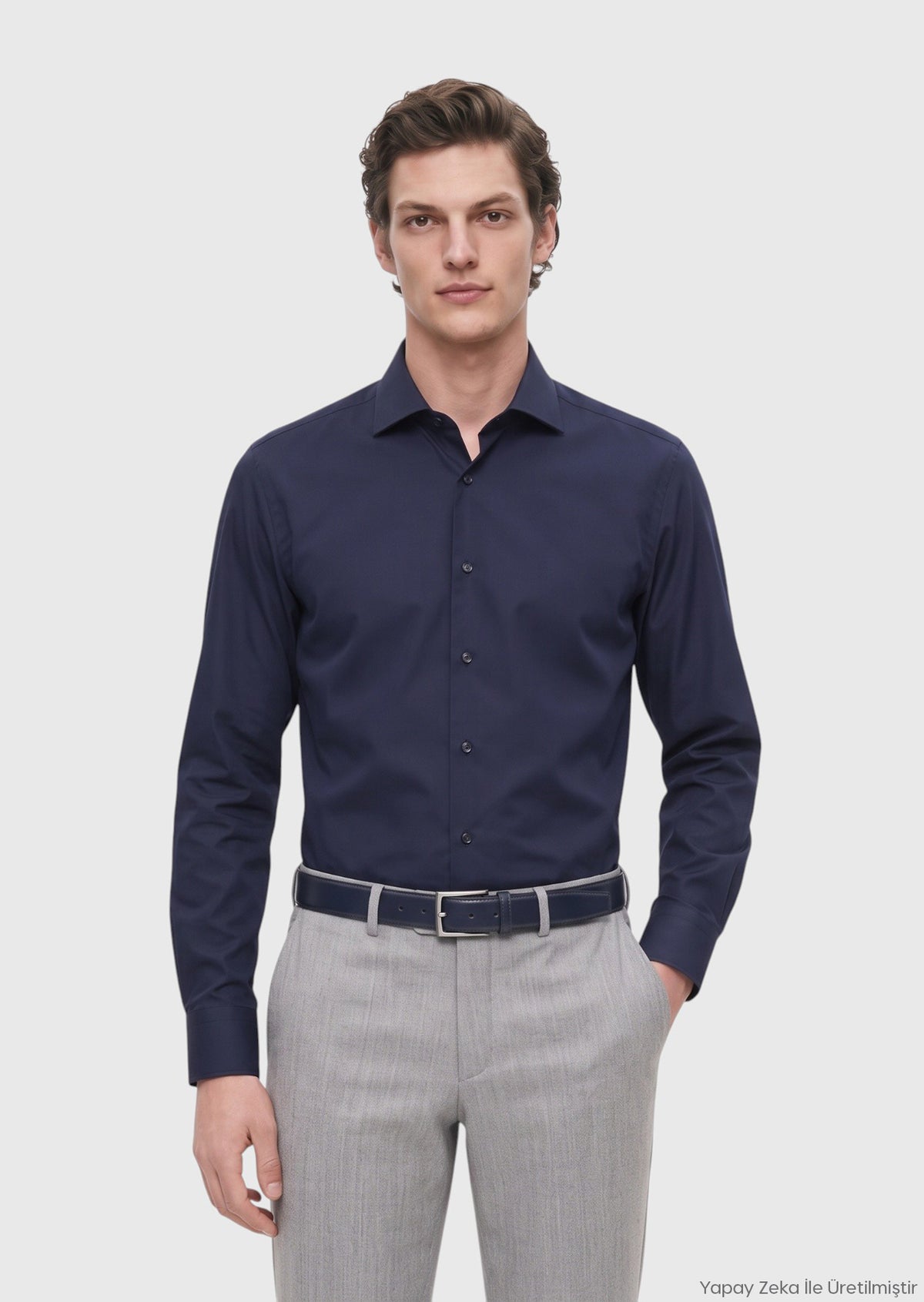 Navy Blue Plain Regular Fit Long Weaving Classical 100% Cotton Shirt