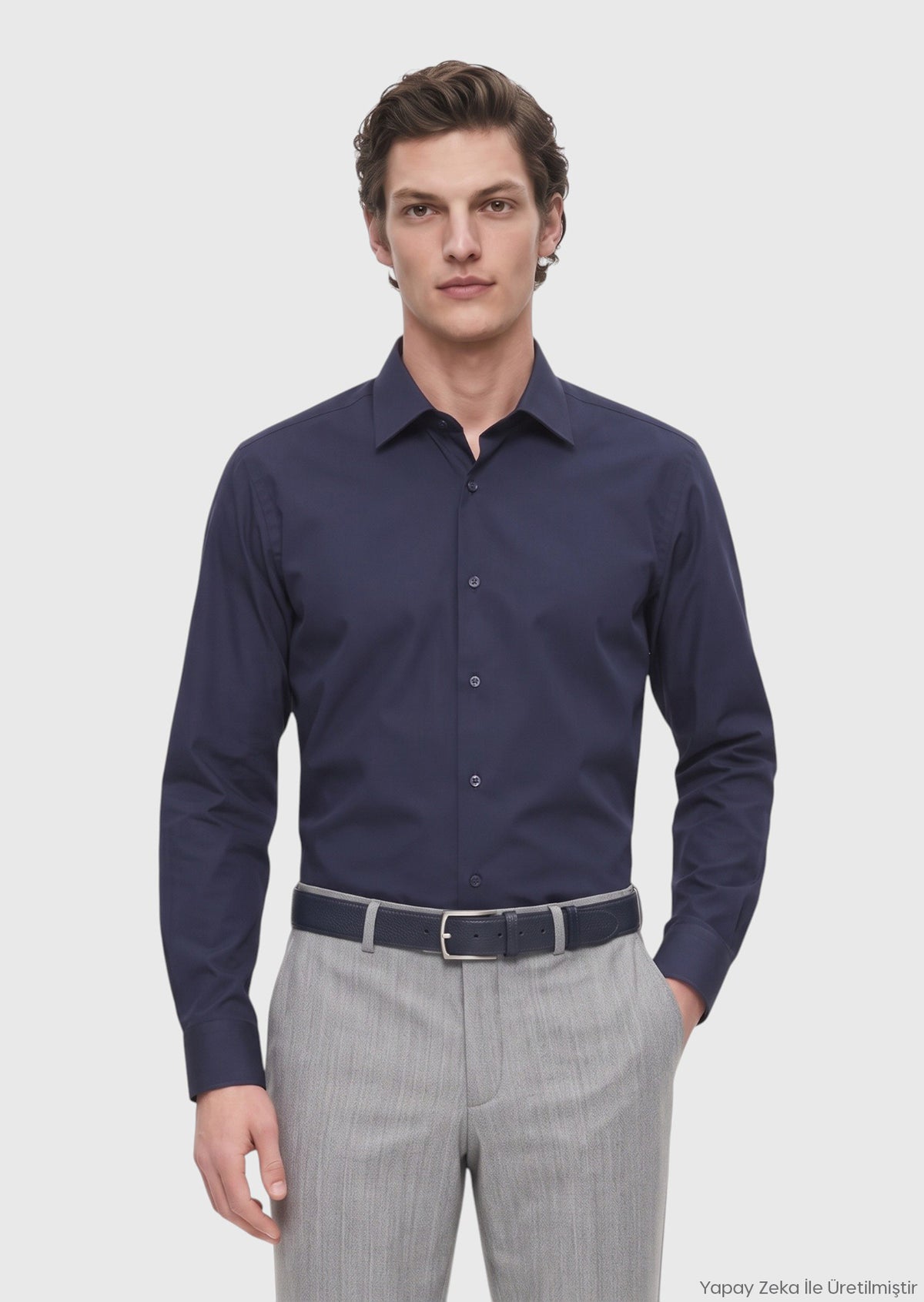 Navy Blue Plain Regular Fit Long Weaving Classical 100% Cotton Shirt