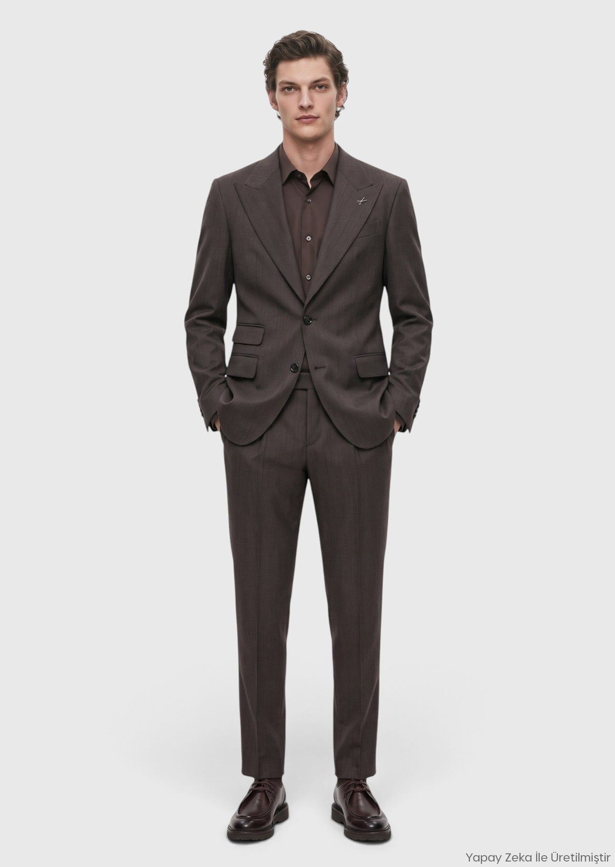 Brown Plain Relaxed Fit Wool Blended Suit