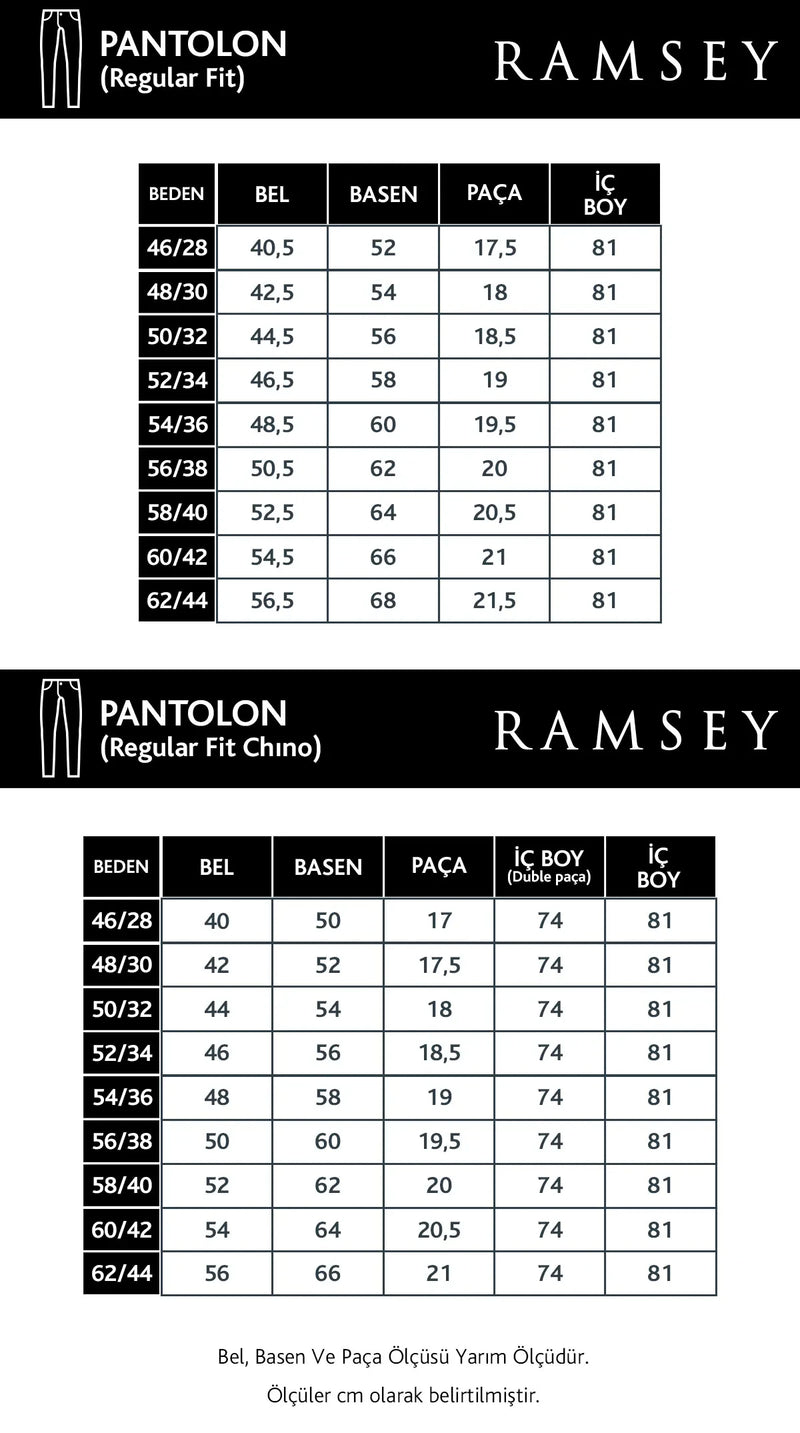 Beden Tablosu - Pantolon (Regular Fit)