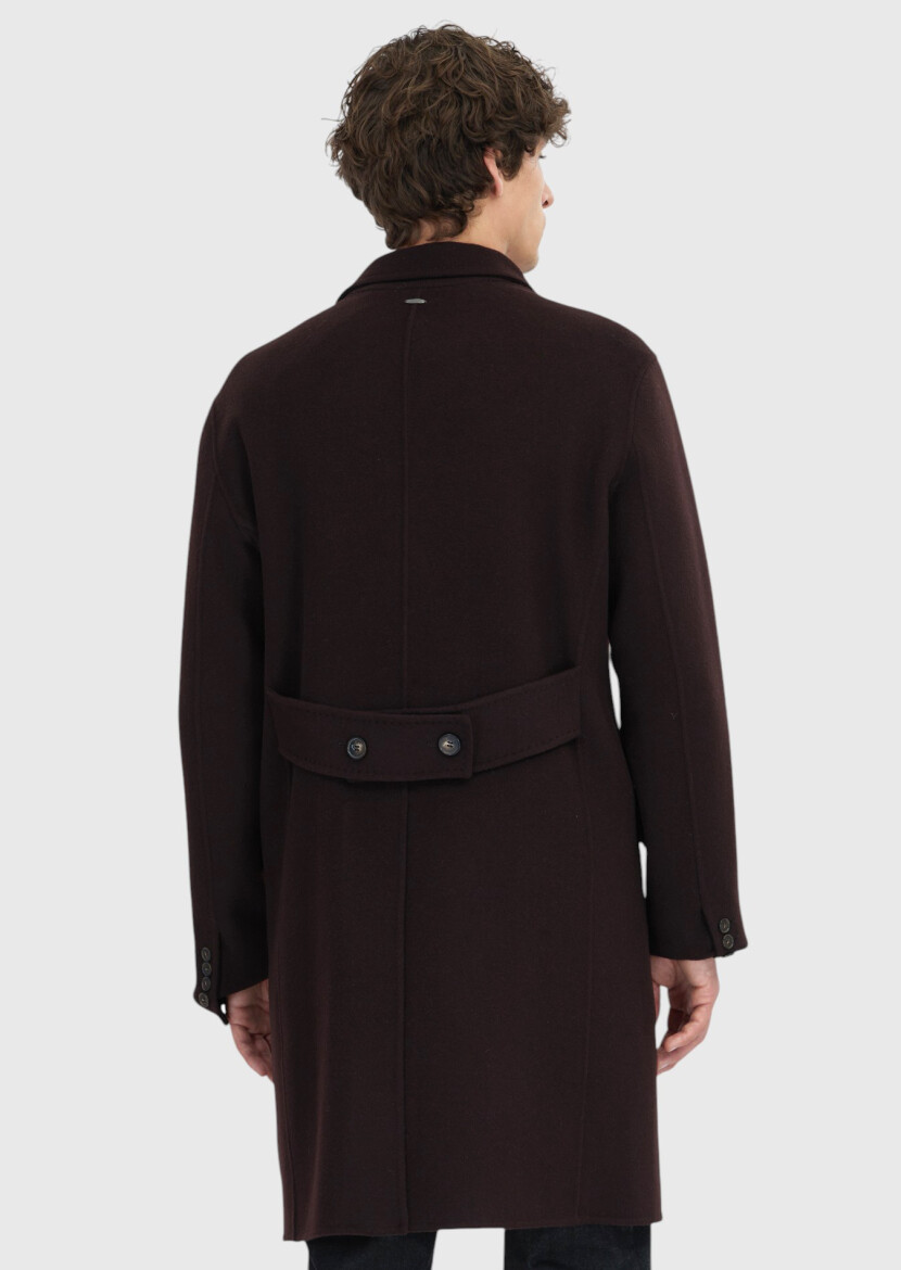 Damson Color Regular Fit Double Breasted Collar Classical Weaving Overcoat - 6