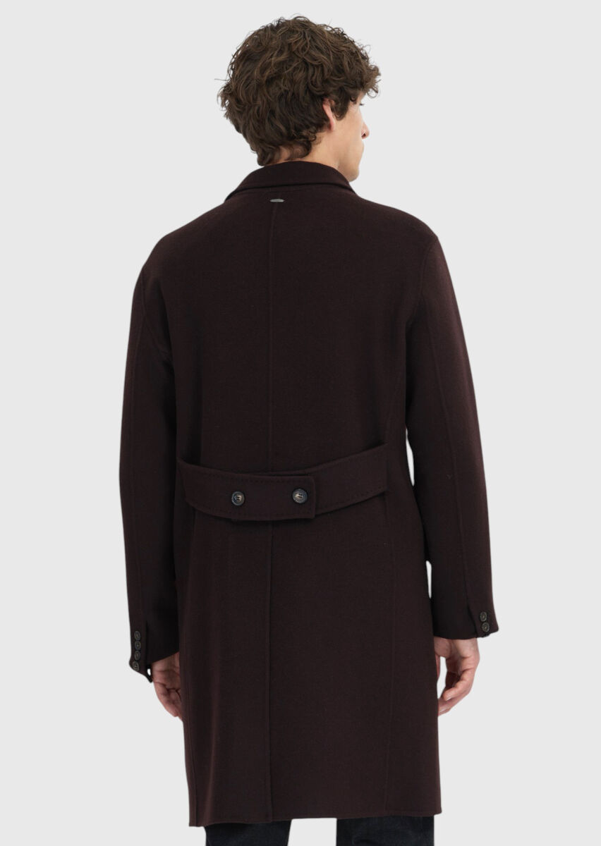 Damson Color Regular Fit Double Breasted Collar Classical Weaving Overcoat - 6