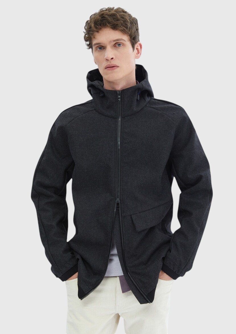 Dark Grey Regular Fit Hooded Denim Weaving Coat - RAMSEY