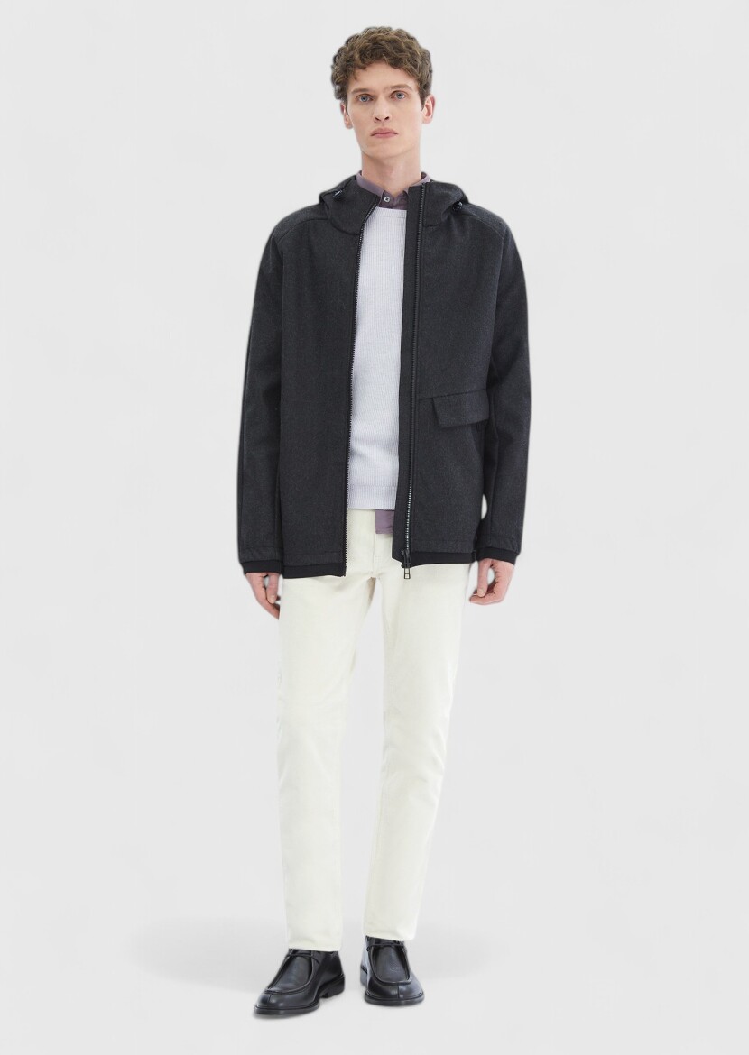 Dark Grey Regular Fit Hooded Denim Weaving Coat - RAMSEY