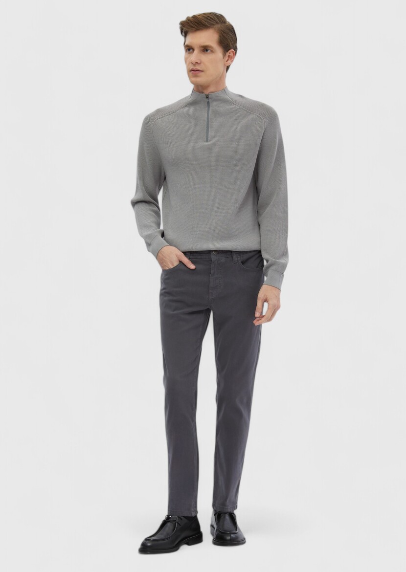 Dark Grey Weaving Slim Fit Casual Cotton Blended Trousers - 1