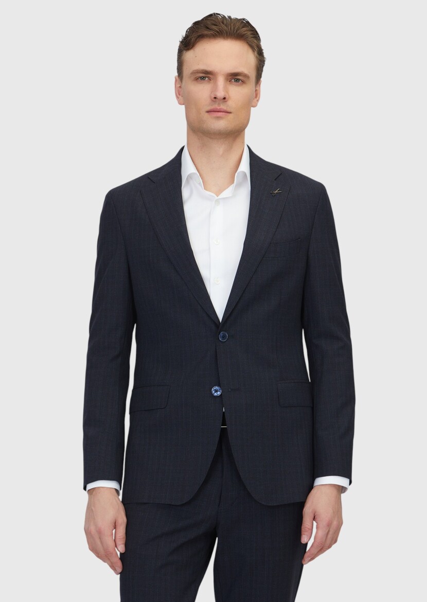 Dark Navyblue Patterned Zeroweight Slim Fit 100% Wool Suit - RAMSEY