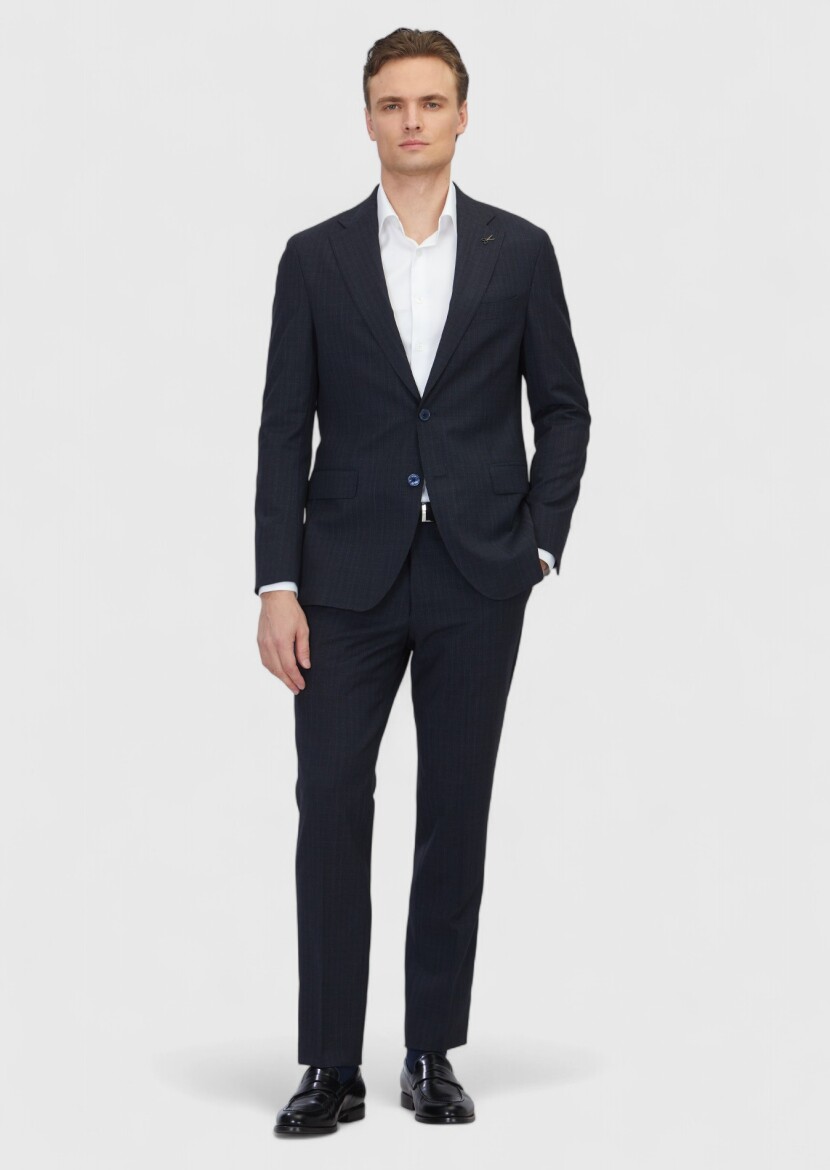 Dark Navyblue Patterned Zeroweight Slim Fit 100% Wool Suit - RAMSEY