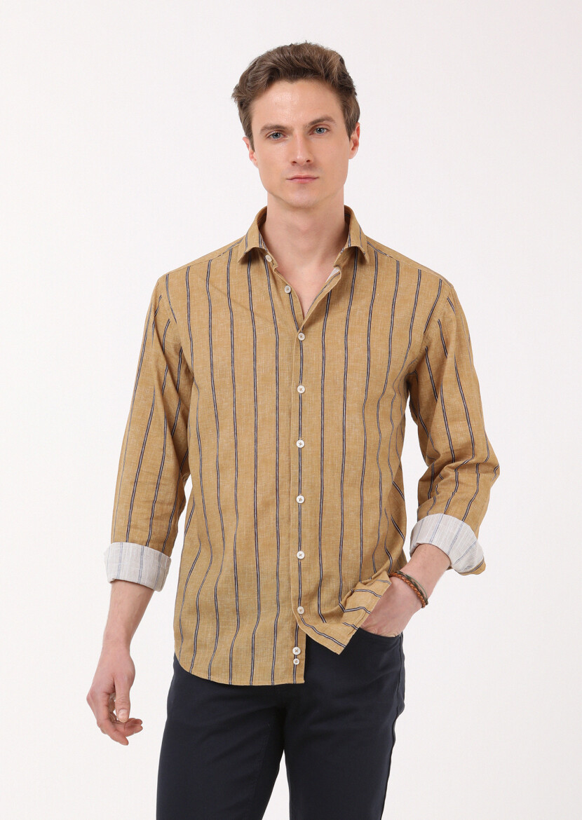 Deve Tüyü Baskılı Regular Fit Dokuma Casual %100 Pamuk Gömlek 