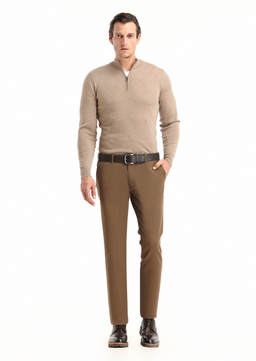 Deve Tüyü Düz Dokuma Slim Fit Casual Pamuk Karışımlı Pantolon 