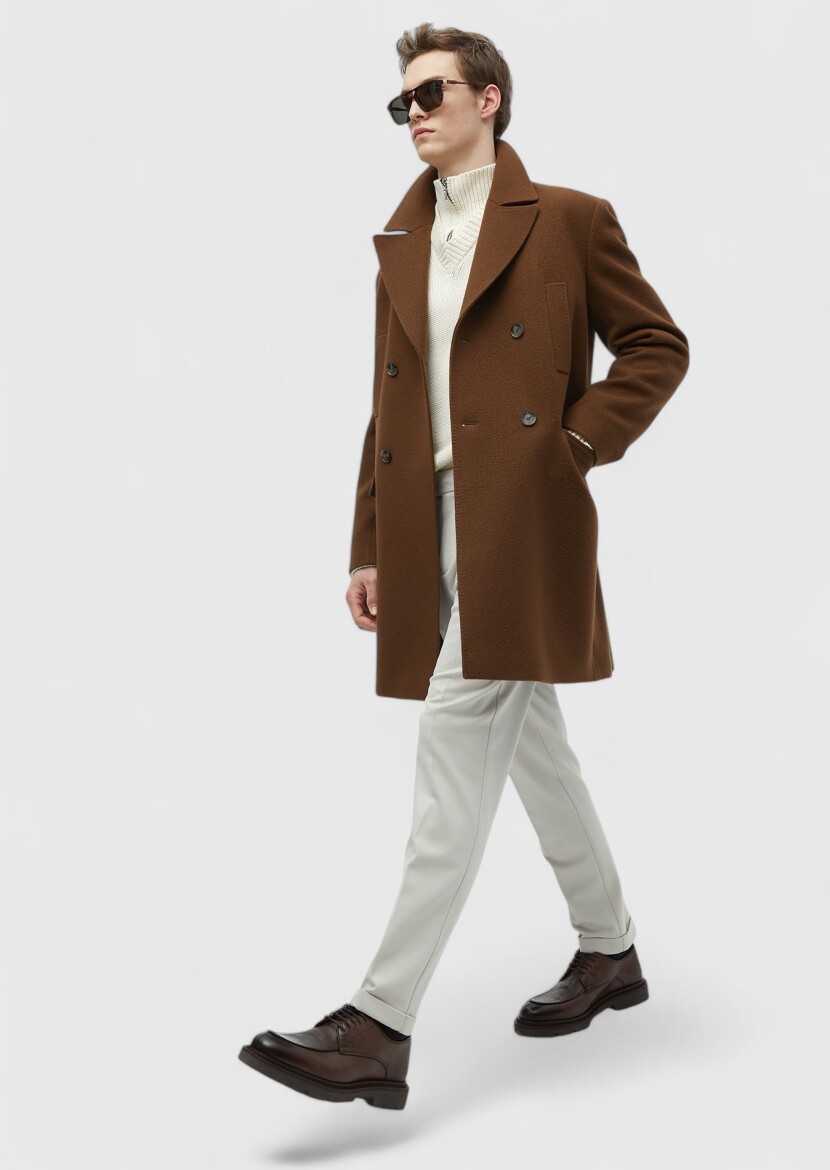 Deve Tüyü Regular Fit Kruvaze Yaka Casual Dokuma Palto - RAMSEY