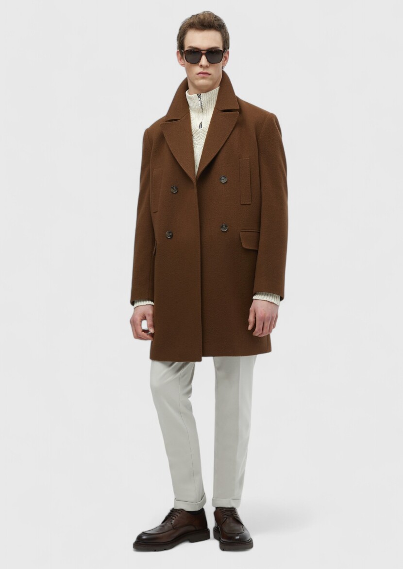 Deve Tüyü Regular Fit Kruvaze Yaka Casual Dokuma Palto - RAMSEY