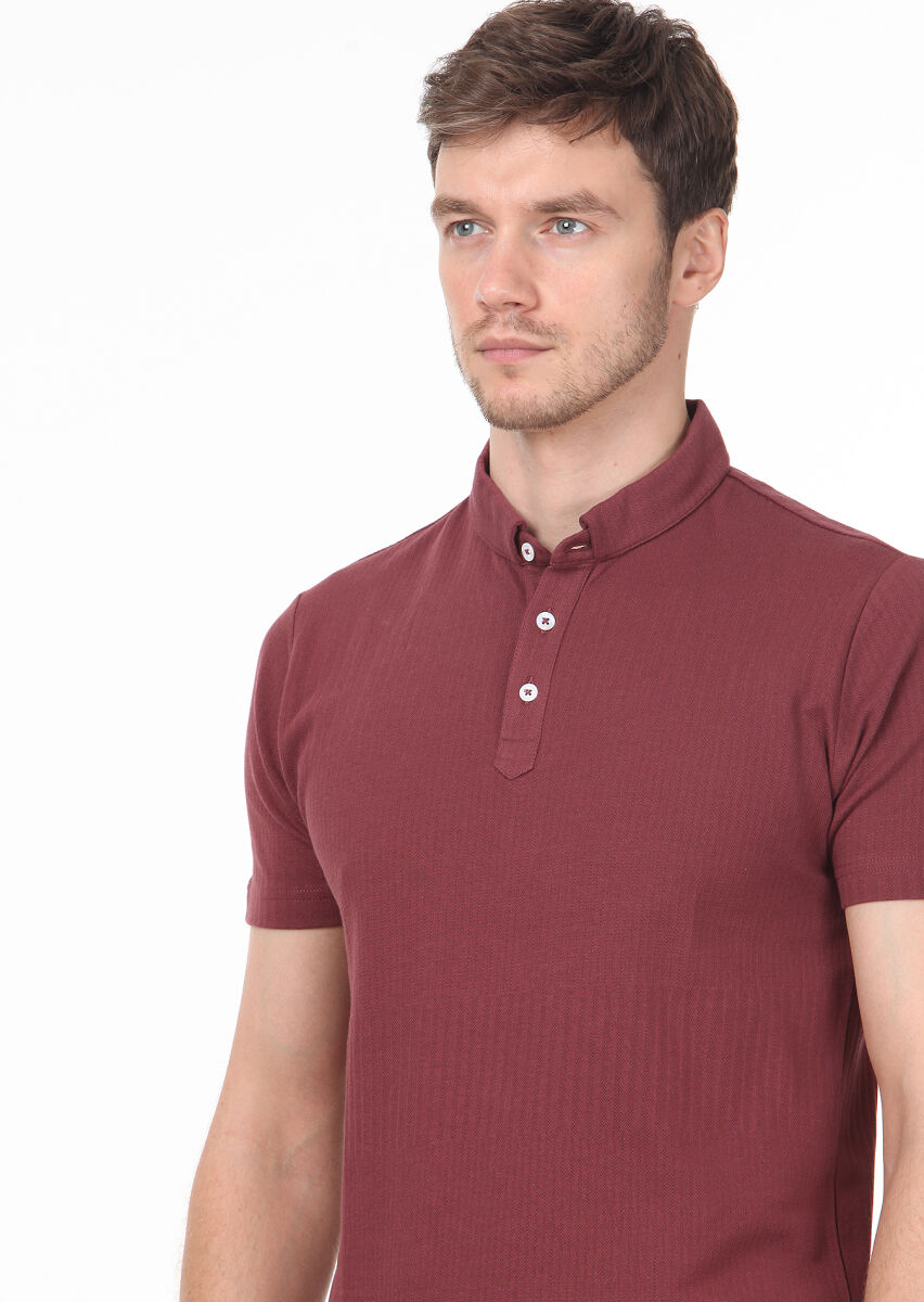 Dusty Rose Color Jacquard Mandarin Collar 100% Cotton T-Shirt - 2