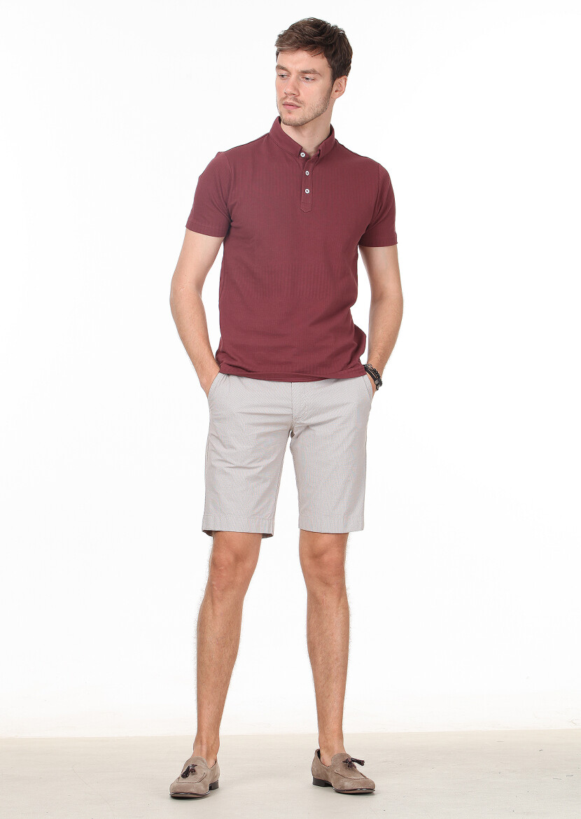 Dusty Rose Color Jacquard Mandarin Collar 100% Cotton T-Shirt - 3
