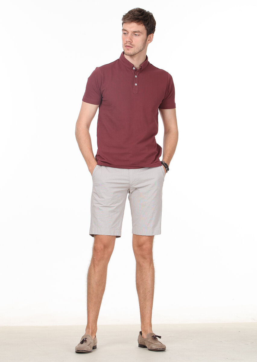 Dusty Rose Color Jacquard Mandarin Collar 100% Cotton T-Shirt - 3