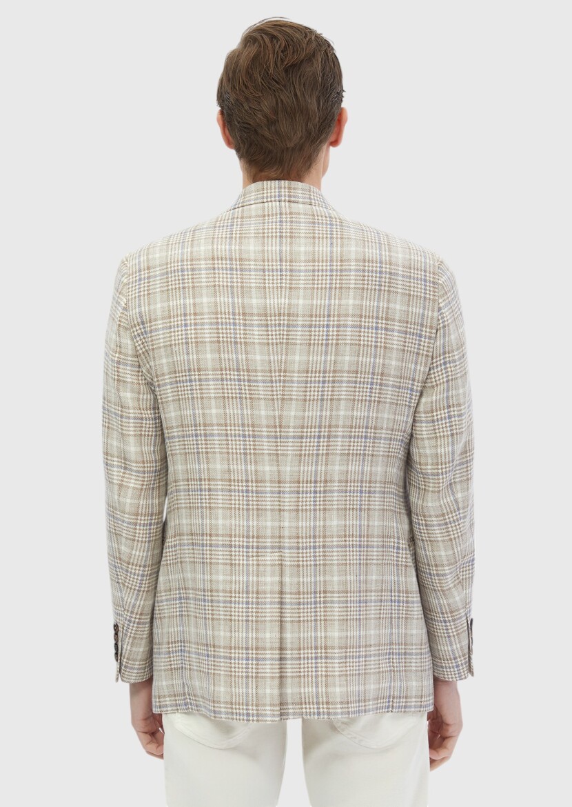 Ecru Checkered Regular Fit Wool Blended Jacket - 7