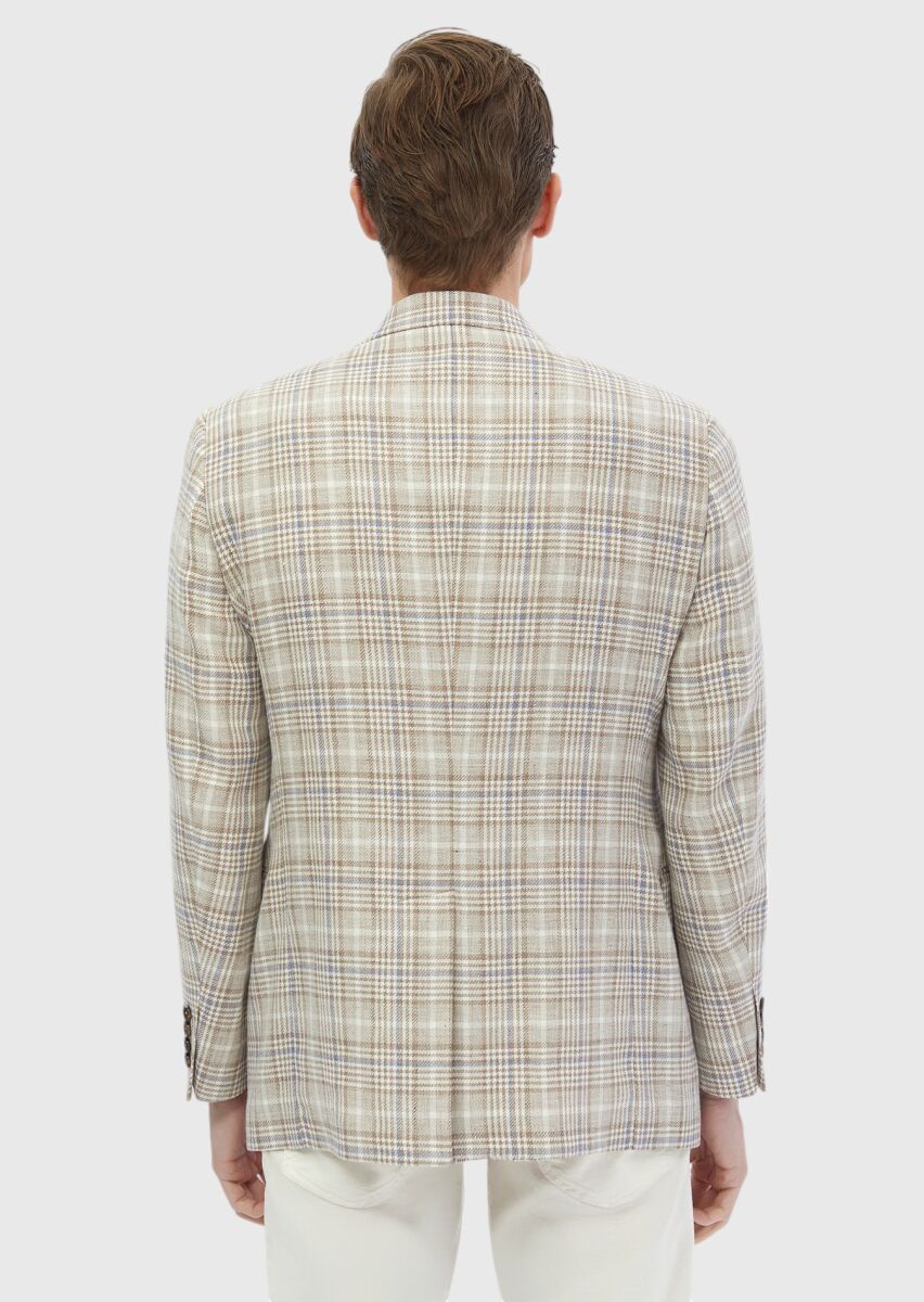 Ecru Checkered Regular Fit Wool Blended Jacket - 7