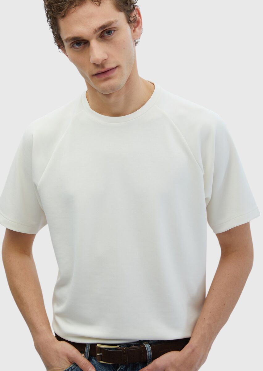 Ecru Crew Neck Plain Sweatshirt - 1