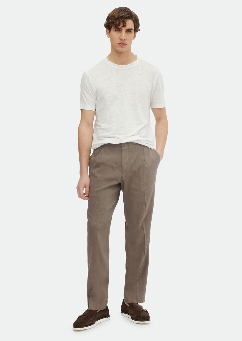 Ecru Plain Crew Neck 100% Linen T-Shirt 