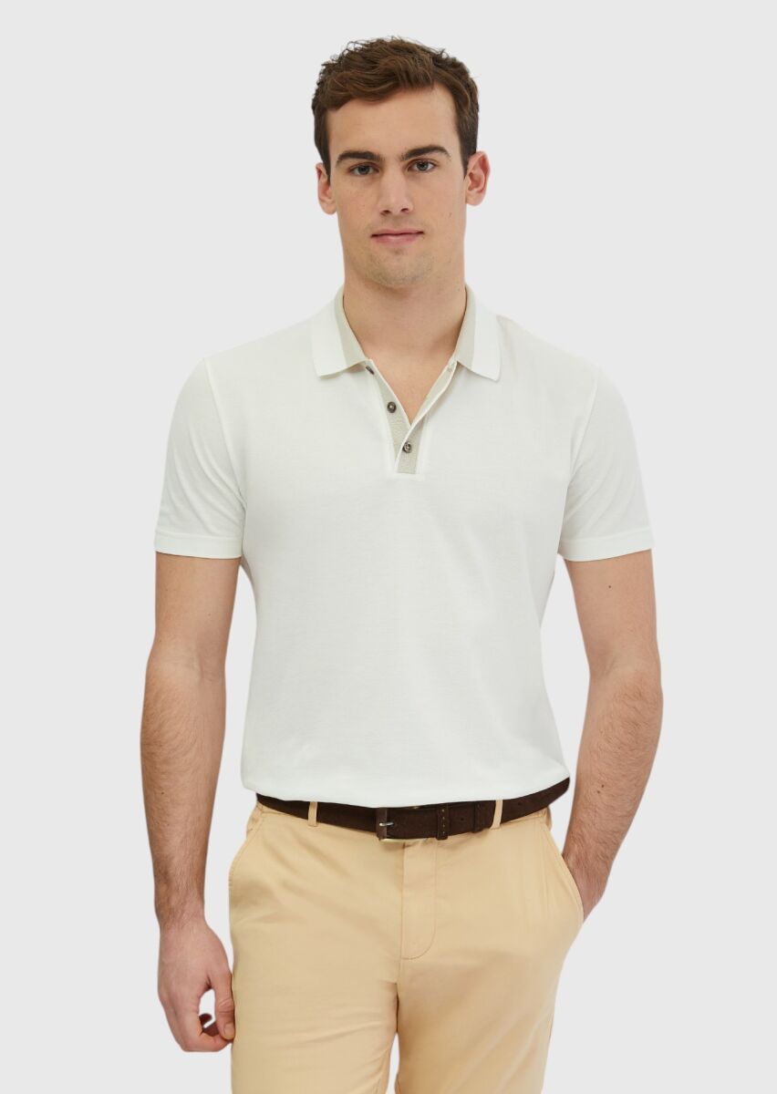 Ecru Plain Polo Neck 100% Cotton T-Shirt - 1